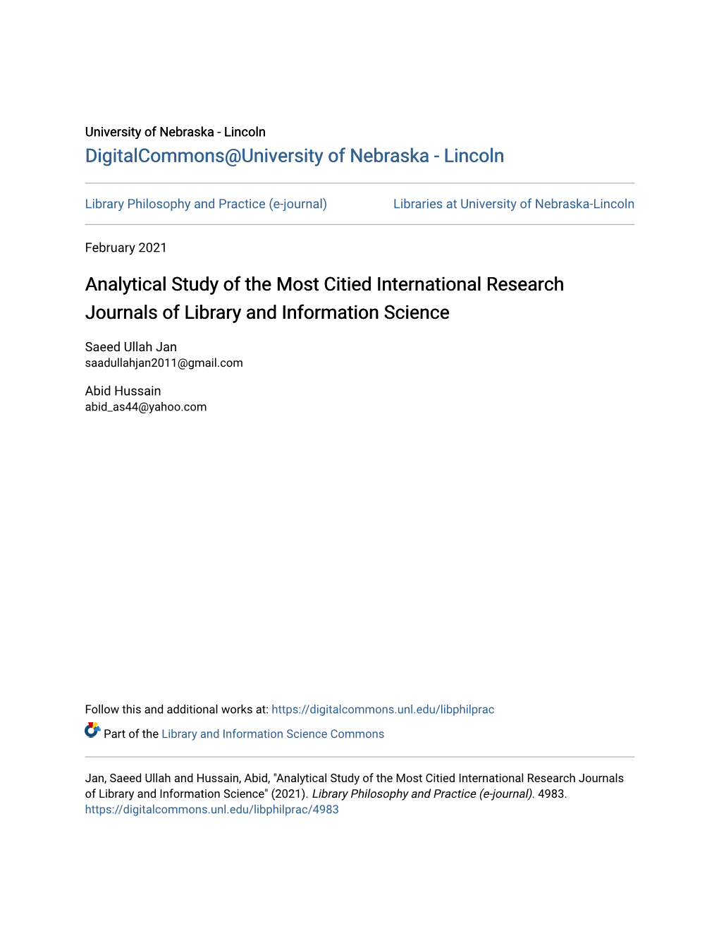 Analytical Study of the Most Citied International Research Journals of Library and Information Science