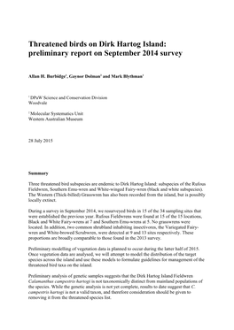 Threatened Birds on Dirk Hartog Island: Preliminary Report on September 2014 Survey