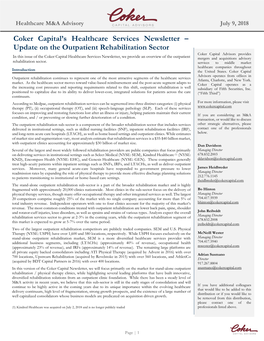 Coker Capital's Healthcare Services Newsletter – Update on The