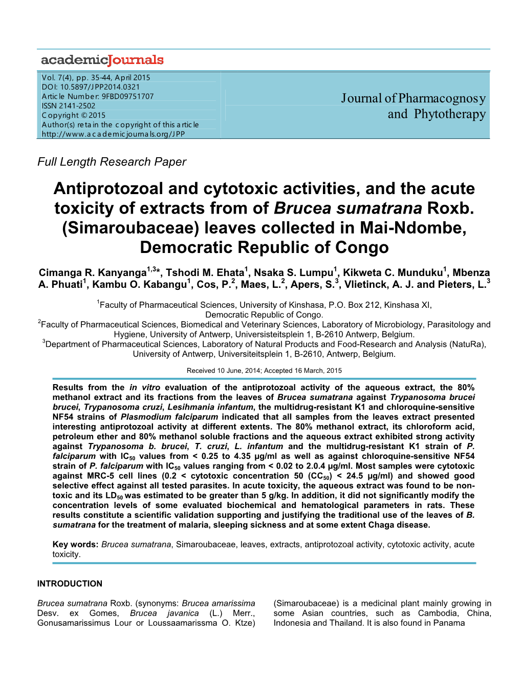 Antiprotozoal and Cytotoxic Activities, and the Acute Toxicity of Extracts from of Brucea Sumatrana Roxb. (Simaroubaceae) Leaves