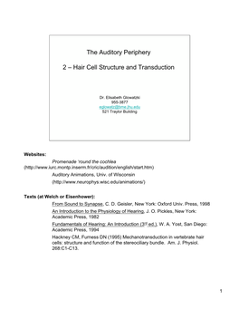 The Auditory Periphery 2 – Hair Cell Structure and Transduction