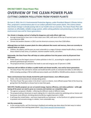Clean Power Plan OVERVIEW of the CLEAN POWER PLAN CUTTING CARBON POLLUTION from POWER PLANTS