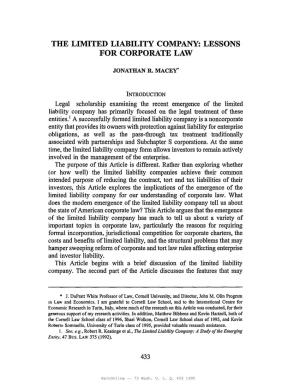 The Limited Liability Company: Lessons for Corporate Law