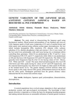 Genetic Variation of the Japanese Quail (Coturnix Coturnix Japonica) Based on Biochemical Polymorphism