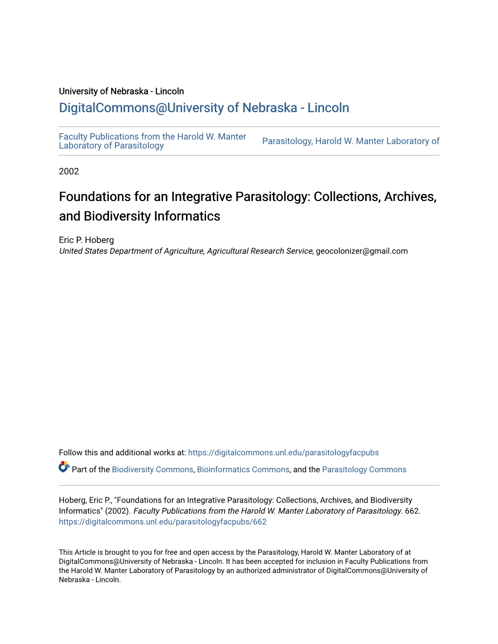 Foundations for an Integrative Parasitology: Collections, Archives, and Biodiversity Informatics