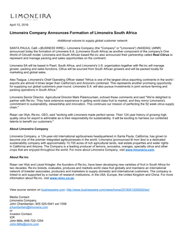 Limoneira Company Announces Formation of Limoneira South Africa