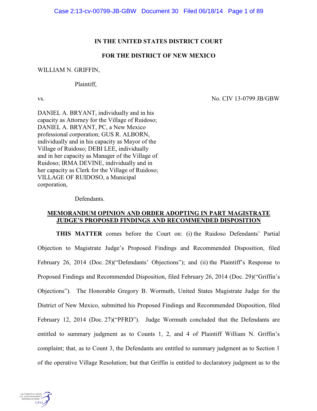Case 2:13-Cv-00799-JB-GBW Document 30 Filed 06/18/14 Page 1 of 89