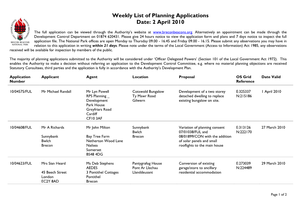 Weekly List of Planning Applications Date: 2 April 2010