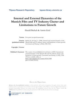 Internal and External Dynamics of the Munich Film and TV Industry Cluster and Limitations to Future Growth