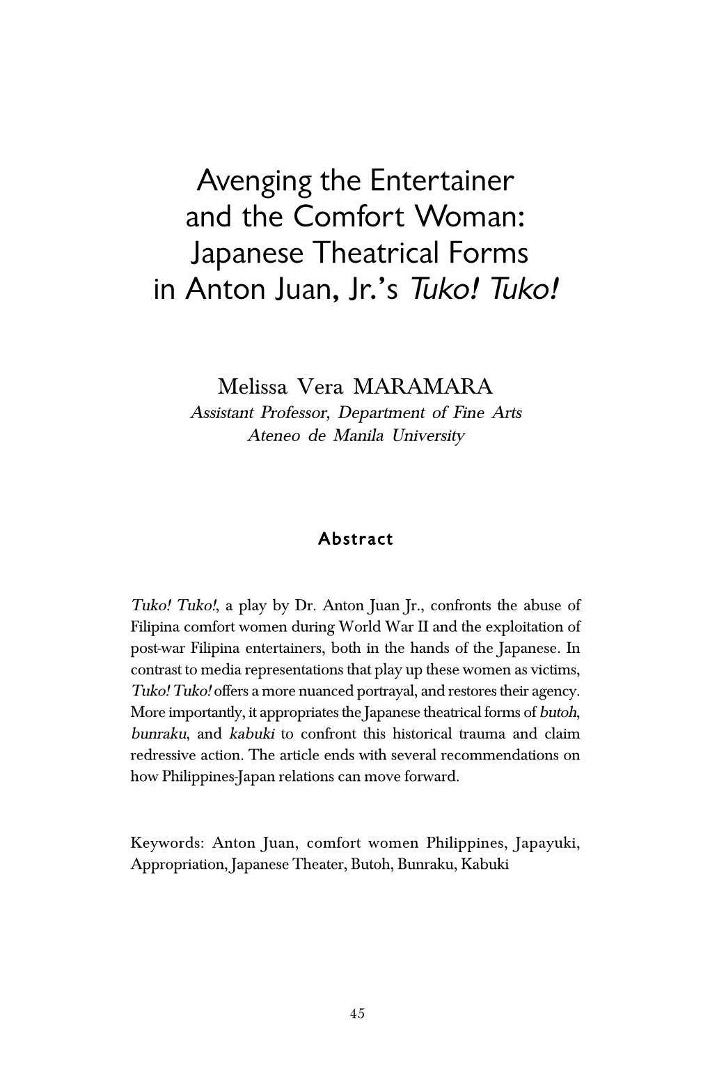 Japanese Theatrical Forms in Anton Juan Jr.'S Tuko