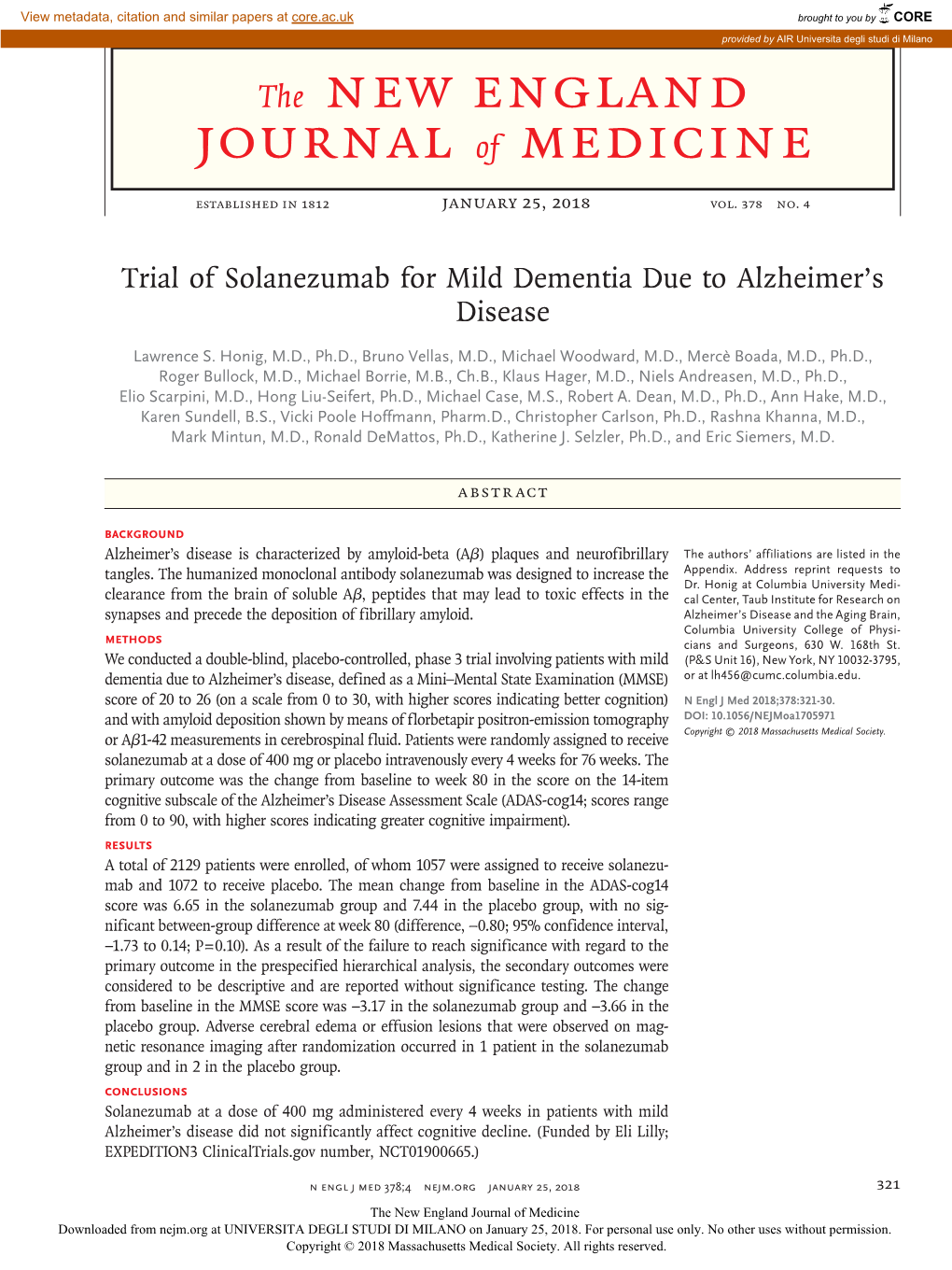Trial of Solanezumab for Mild Dementia Due to Alzheimer’S Disease