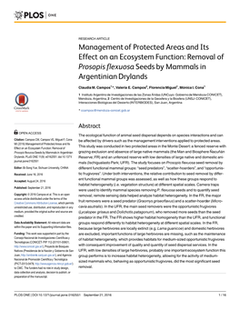 Management of Protected Areas and Its Effect on an Ecosystem Function: Removal of Prosopis Flexuosa Seeds by Mammals in Argentinian Drylands