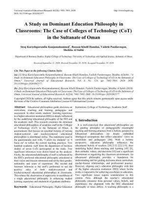 A Study on Dominant Education Philosophy in Classrooms: the Case of Colleges of Technology (Cot) in the Sultanate of Oman