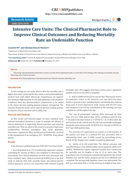 Intensive Care Units: the Clinical Pharmacist Role to Improve Clinical Outcomes and Reducing Mortality Rate an Undeniable Function