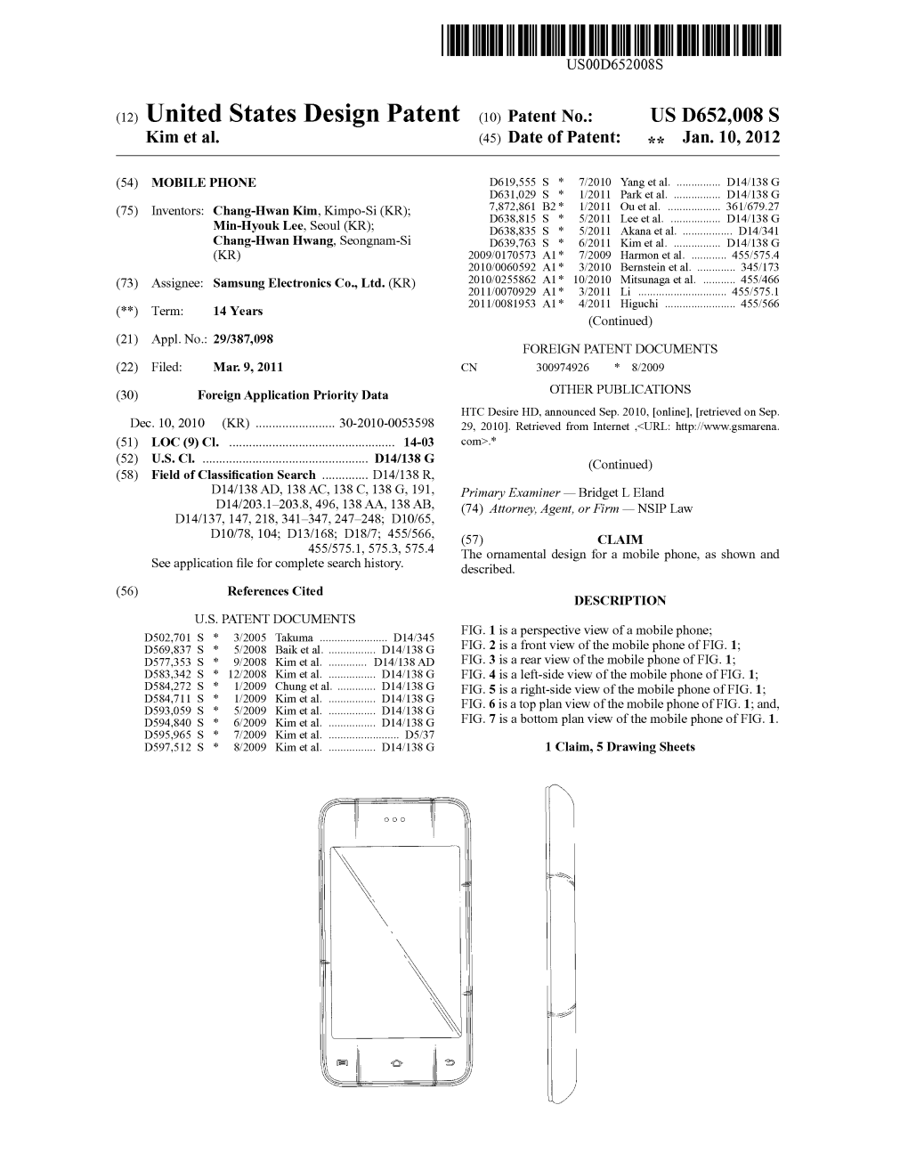 (12) United States Design Patent (10) Patent No.: US D652,008 S Kim Et A1