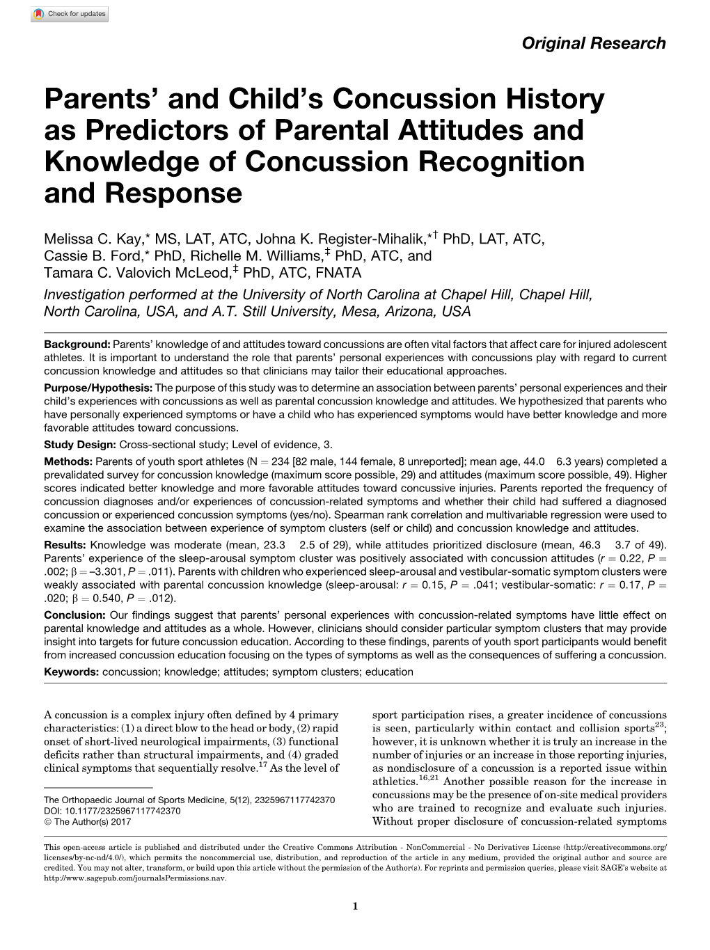 Parents' and Child's Concussion History As Predictors of Parental
