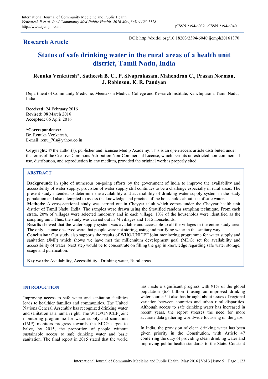 Status of Safe Drinking Water in the Rural Areas of a Health Unit District, Tamil Nadu, India