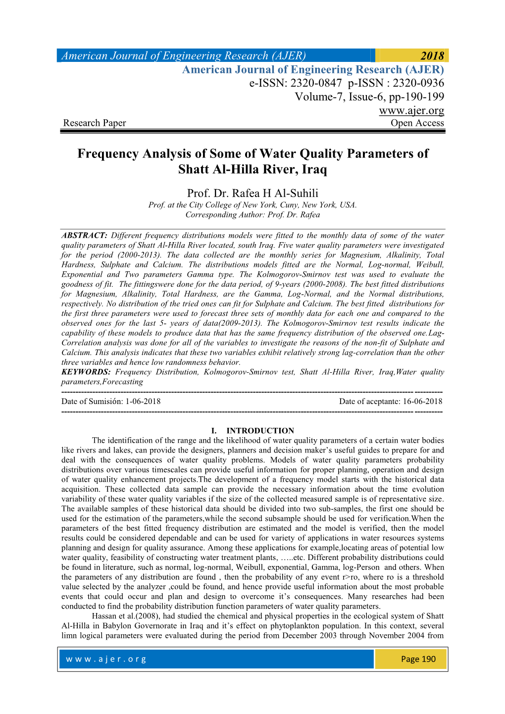 Frequency Analysis of Some of Water Quality Parameters of Shatt Al-Hilla River, Iraq