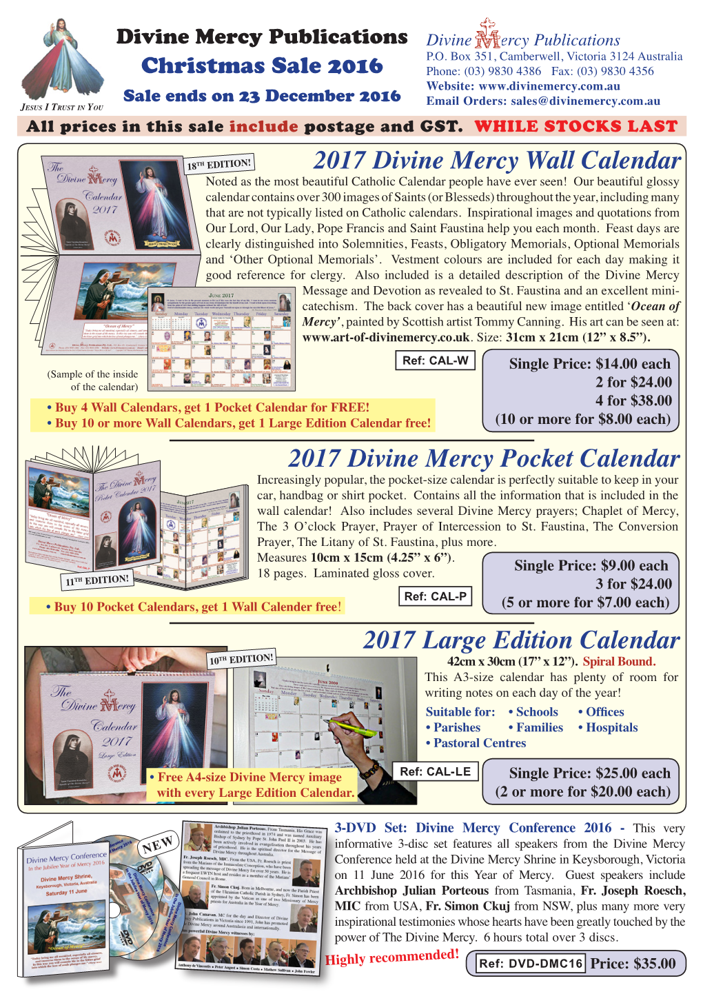 2017 Divine Mercy Pocket Calendar Increasingly Popular, the Pocket-Size Calendar Is Perfectly Suitable to Keep in Your Car, Handbag Or Shirt Pocket