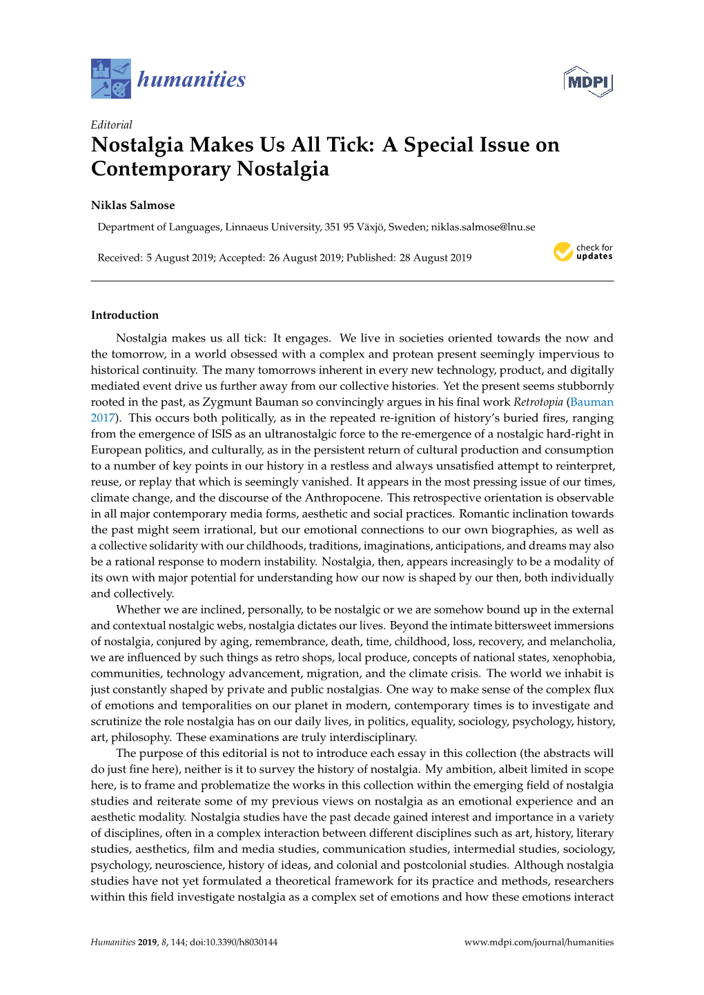 Nostalgia Makes Us All Tick: a Special Issue on Contemporary Nostalgia