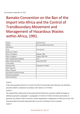 Bamako Convention on the Ban of the Import Into Africa and the Control of Transboundary Movement and Management of Hazardous Wastes Within Africa, 1991