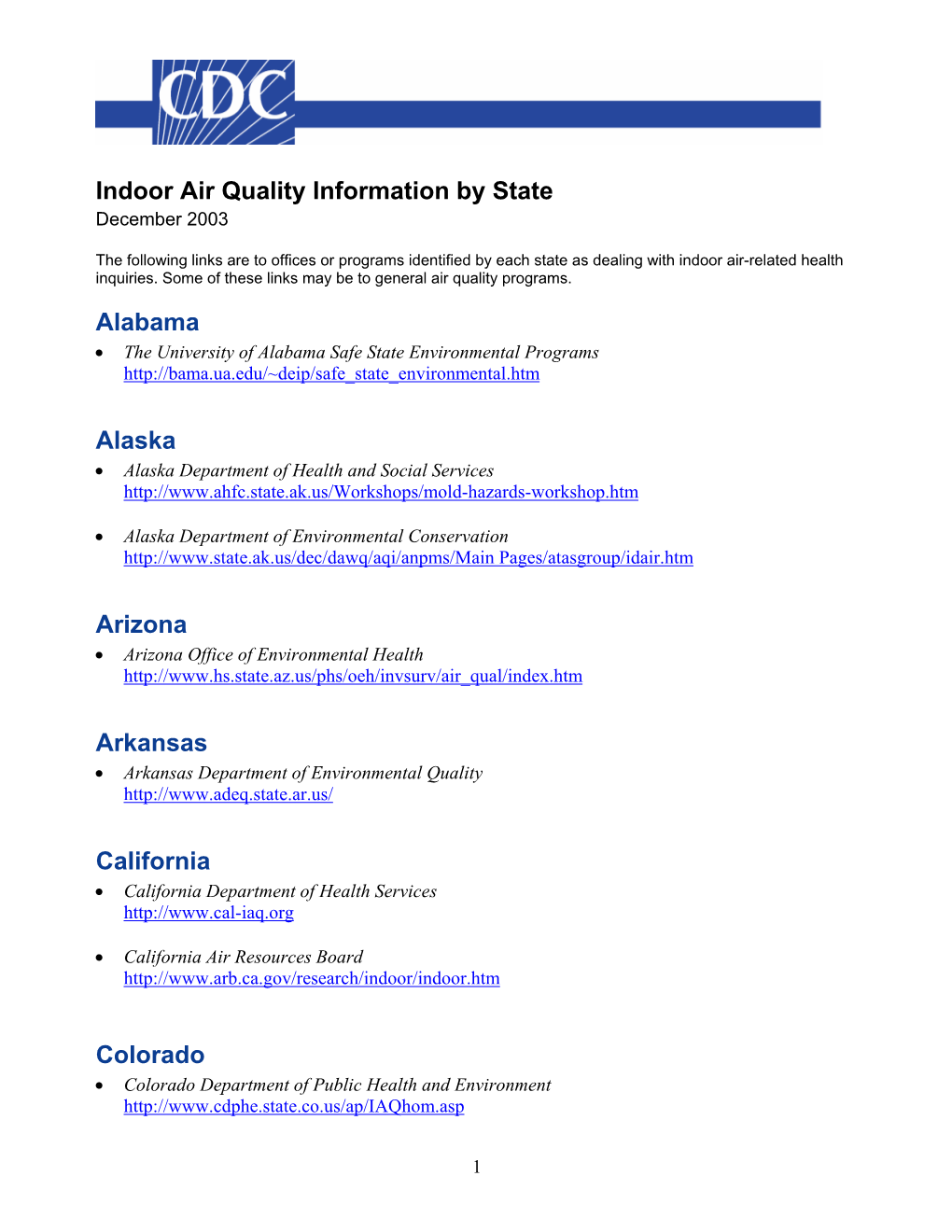 Indoor Air Quality Information by State December 2003