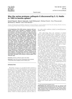 Was the Serine Protease Cathepsin G Discovered by S. G. Hedin in 1903