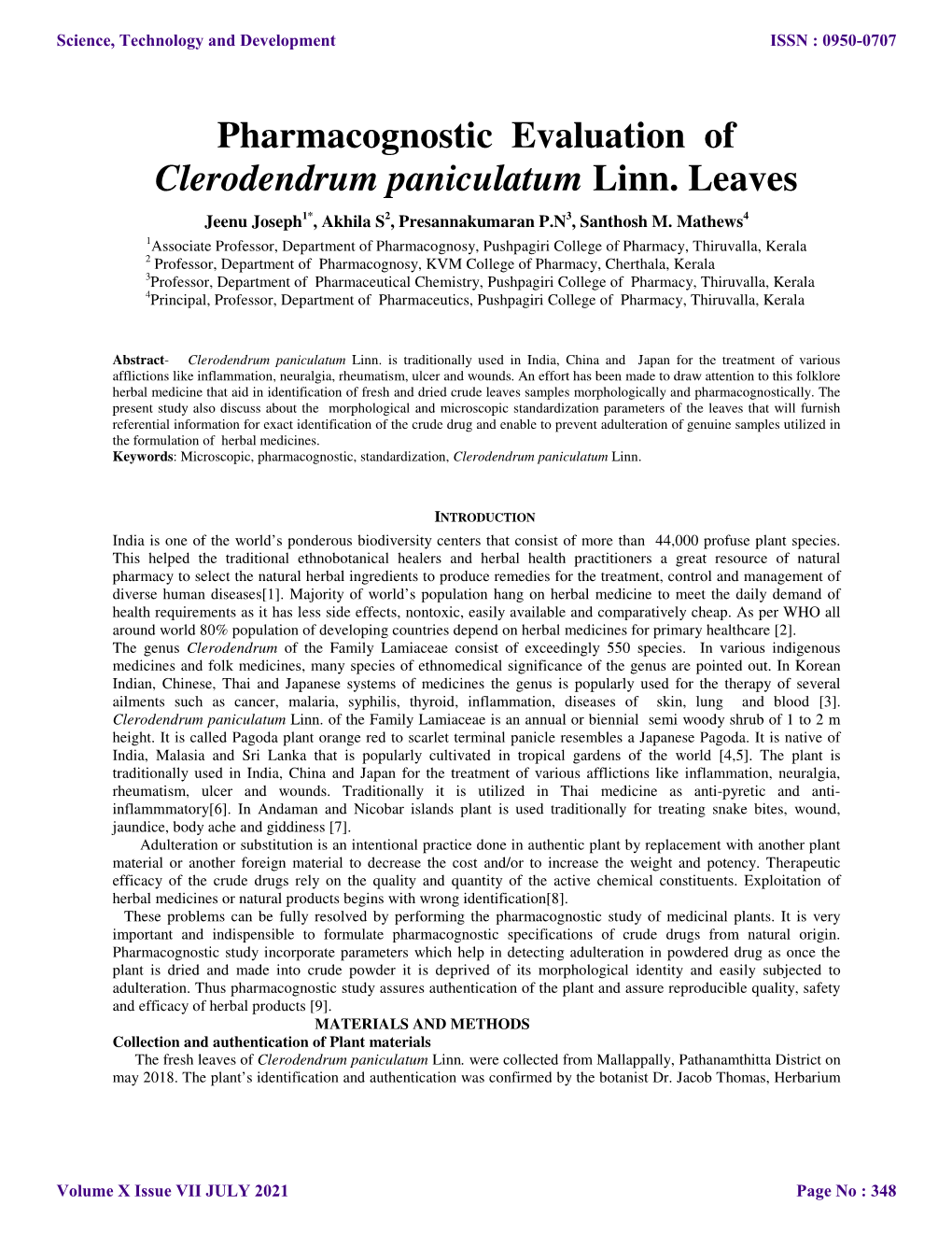 Pharmacognostic Evaluation of Clerodendrum Paniculatum Linn