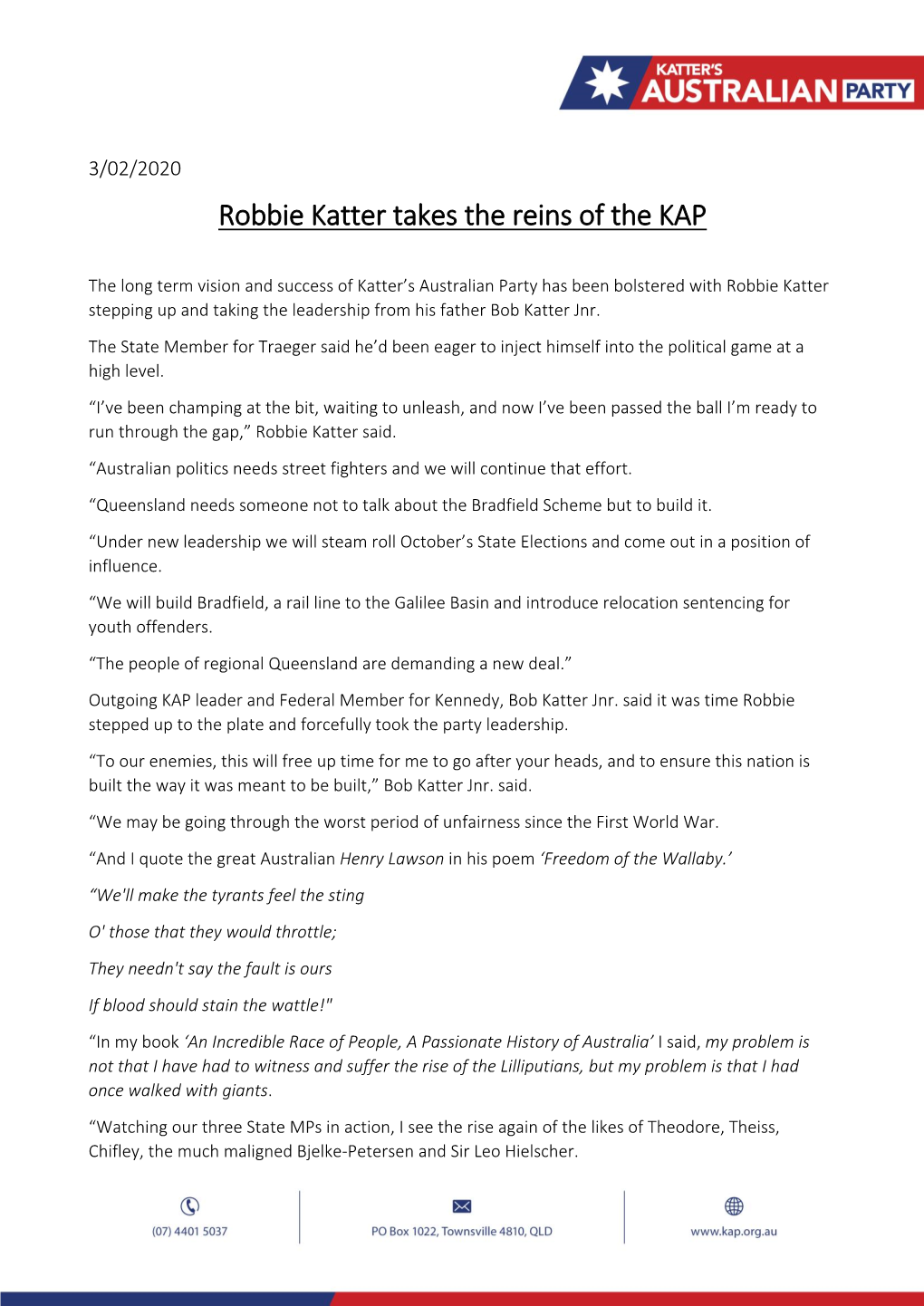 Robbie Katter Takes the Reins of the KAP