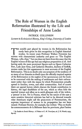The Role of Women in the English Reformation Illustrated by the Life and Friendships of Anne Locke