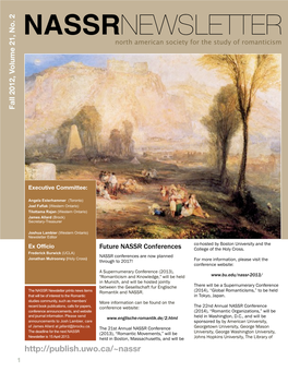 NASSRNEWSLETTER North American Society for the Study of Romanticism Fall 2012, Volume 21, No