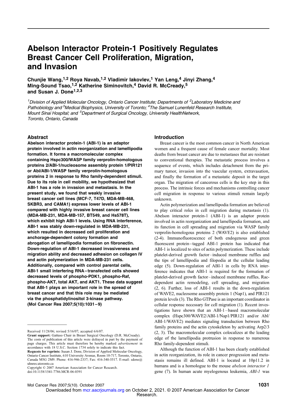 Abelson Interactor Protein-1 Positively Regulates Breast Cancer Cell Proliferation, Migration, and Invasion