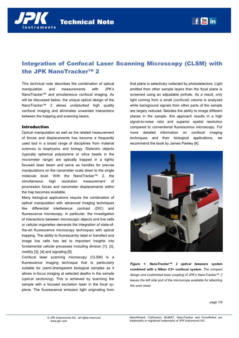 Integration of Confocal Laser Scanning Microscopy (CLSM) with the JPK Nanotracker™ 2