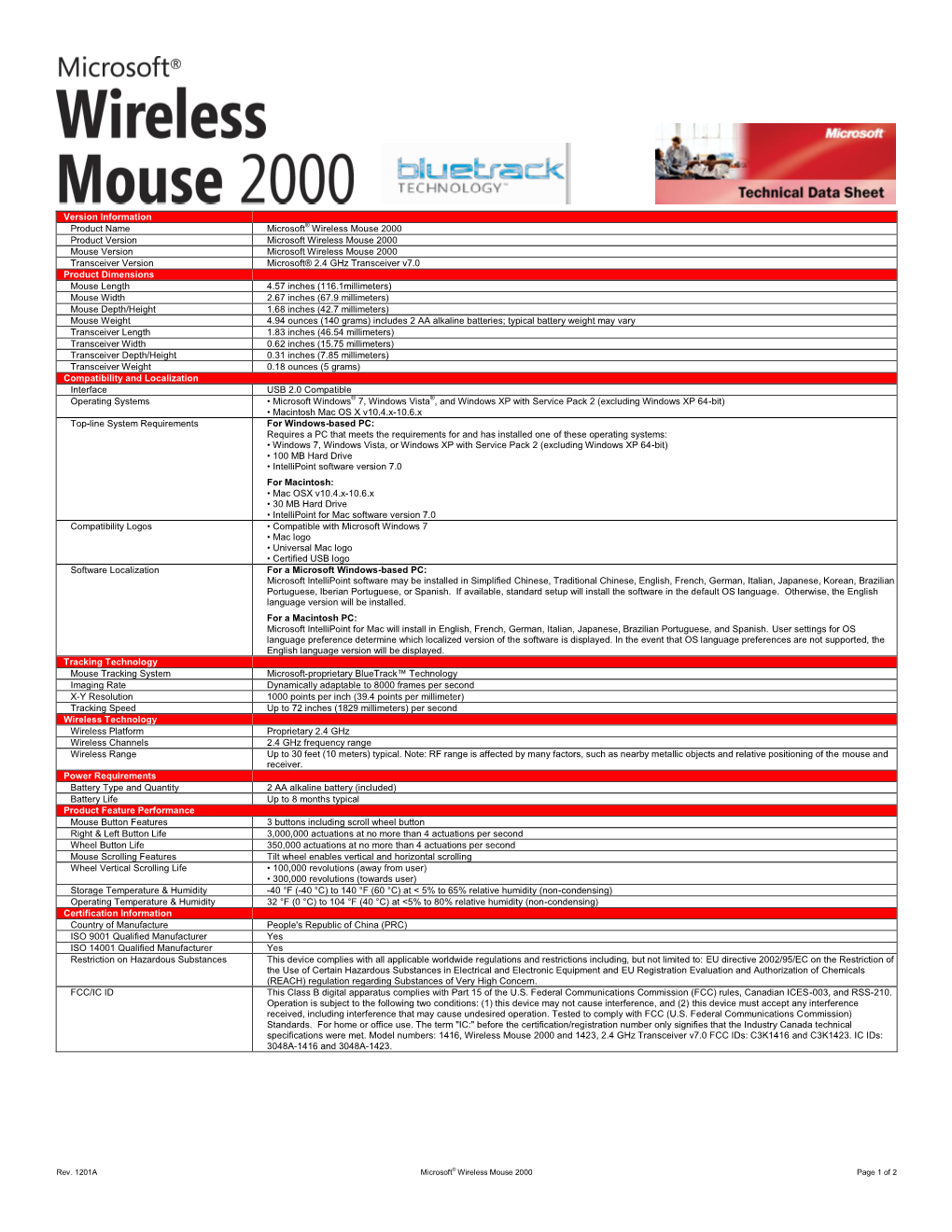 Version Information Product Name Microsoft® Wireless Mouse 2000