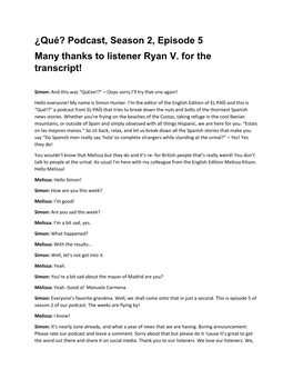 Podcast, Season 2, Episode 5 Many Thanks to Listener Ryan V. for the Transcript!