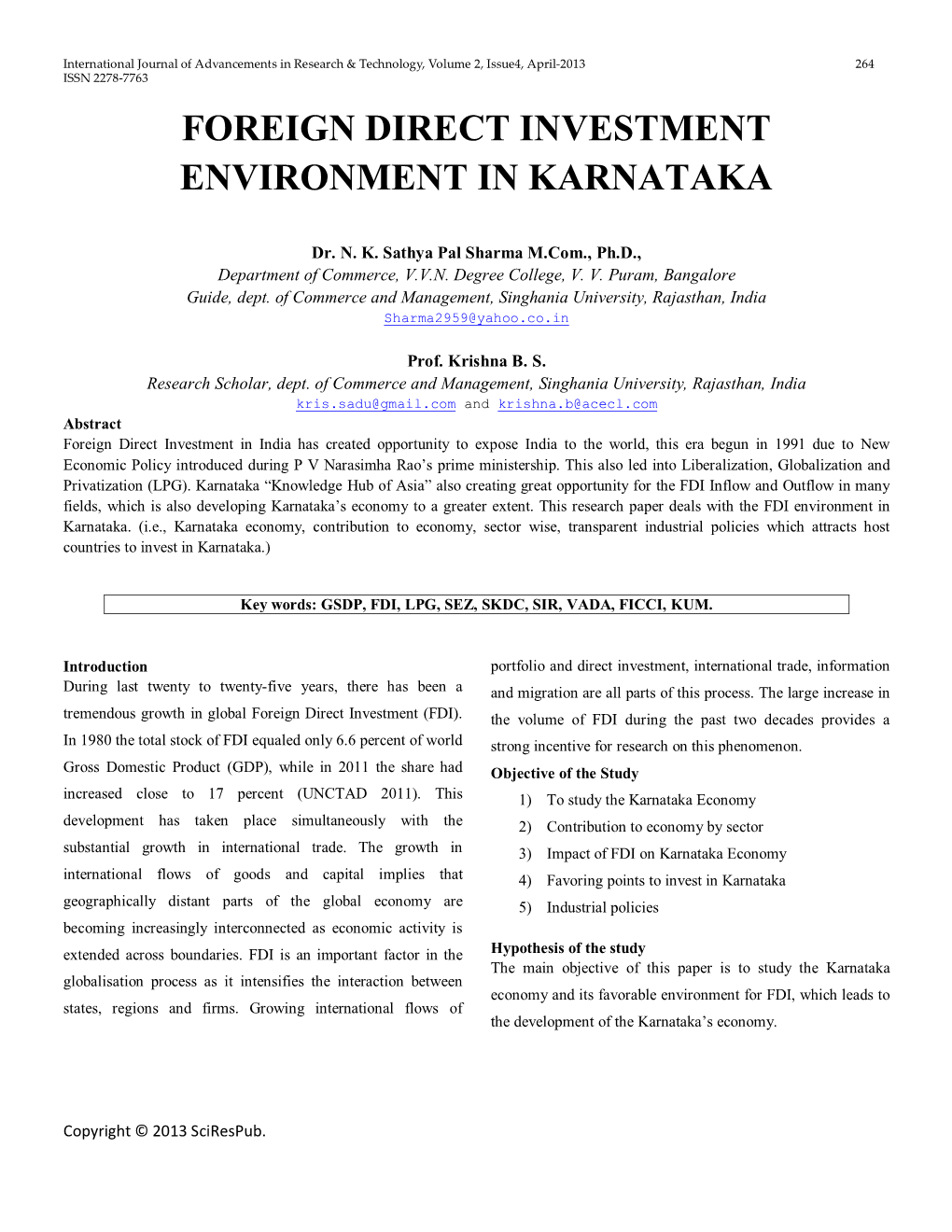 Foreign Direct Investment Environment in Karnataka