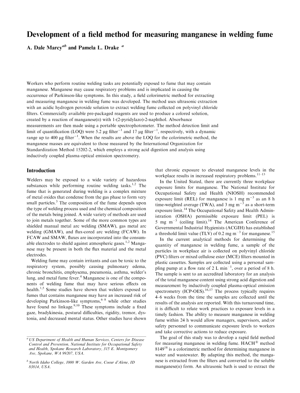 Development of a Field Method for Measuring Manganese in Welding