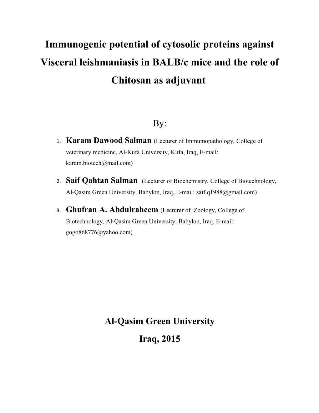 Immunogenic Potential of Cytosolic Proteins Against Visceral Leishmaniasis in BALB/C Mice