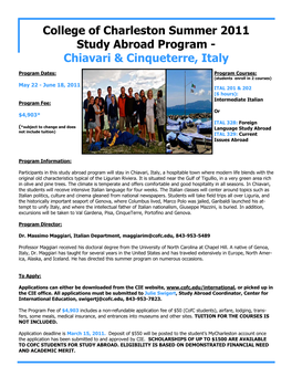 College of Charleston Summer 2011 Study Abroad Program - Chiavari & Cinqueterre, Italy