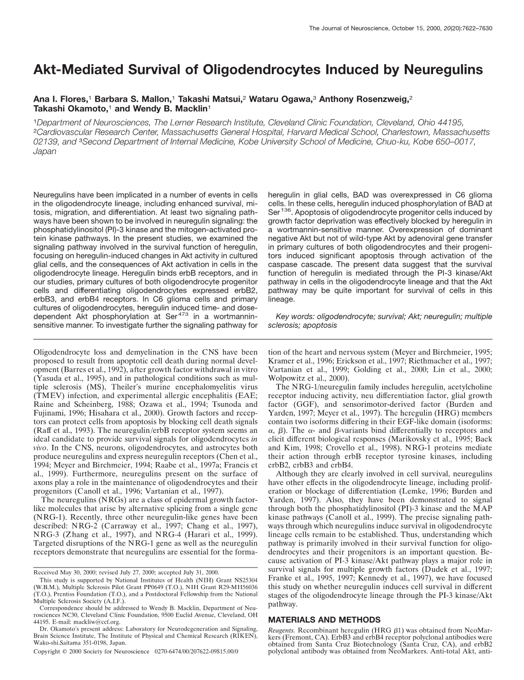 Akt-Mediated Survival of Oligodendrocytes Induced by Neuregulins