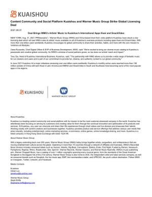 Content Community and Social Platform Kuaishou and Warner Music Group Strike Global Licensing Deal