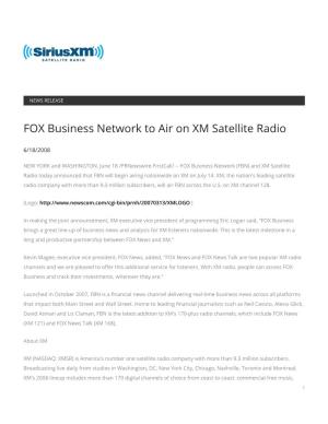 FOX Business Network to Air on XM Satellite Radio