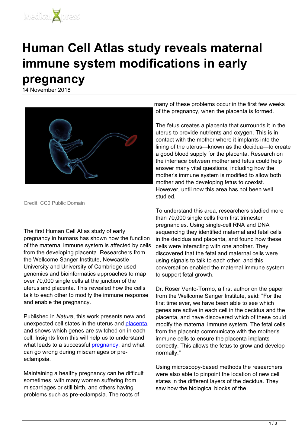 Human Cell Atlas Study Reveals Maternal Immune System Modifications in Early Pregnancy 14 November 2018