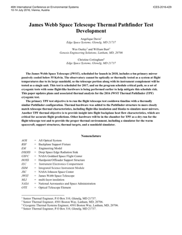 James Webb Space Telescope Thermal Pathfinder Test Development