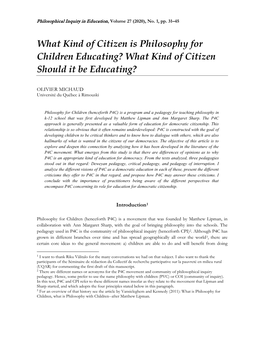 What Kind of Citizen Is Philosophy for Children Educating? What Kind of Citizen Should It Be Educating?