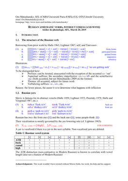 RUSSIAN ATHEMATIC VERBS, WITHOUT STRESS (AND WITH) Atelier De Phonologie, SFL, March 20, 2019