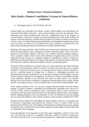 Bêtes Studies: Flaubert's and Balzac's Lessons in Natural History (Abstract)