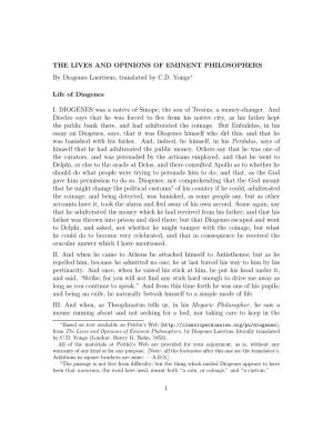 THE LIVES and OPINIONS of EMINENT PHILOSOPHERS by Diogenes Laertieus, Translated by C.D