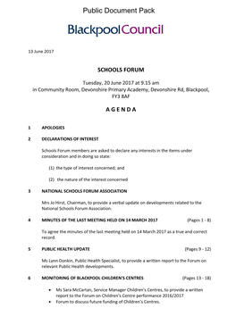 Schools Forum Agenda 20 June 2017