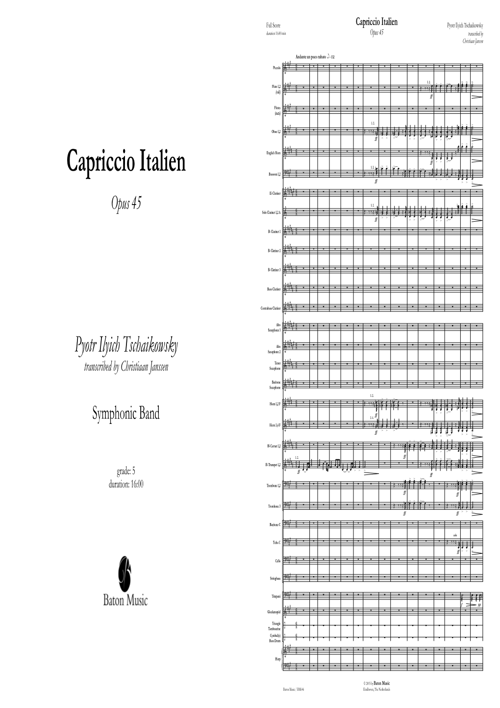 Capriccio Italien Pyotr Ilyich Tschaikowsky Duration 16:00 Min Opus 45 Transcribed by Christiaan Janssen